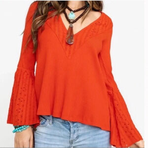 Free People Parisian Nights Thermal Top Boho Bell Sleeves Orange Red‎ Size XS